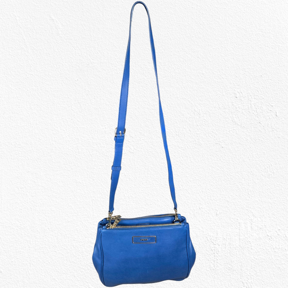 DKNY Blue Leather Crossbody Bag Adjustable Strap Gold Hardware Classic - Picture 2 of 16